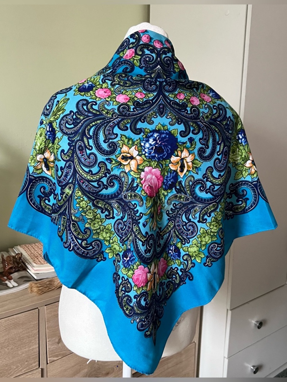 Turquoise Blue Colorful Floral Paisley Multi-Use Scarf Head-Covering Accessory